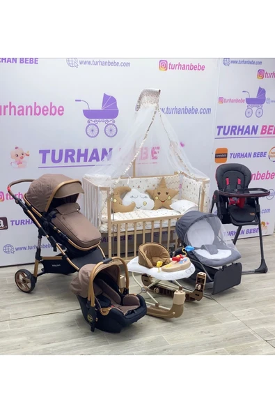 TURHAN BEBE Yeni Doğan Çeyiz Seti Bebek Arabası + Anne Yanı Beşik + Yürüteç +Mama Sandalyesi + ANA DİZİ