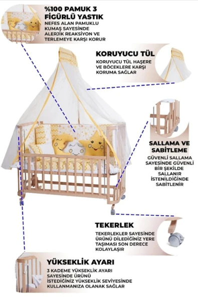 TURHAN BEBE Ahşap Beşik Anne Yanı Beşik Sallanır Beşik Organik 60x120 Yıldız Uyku Seti Yatak Tekerlekli - 2