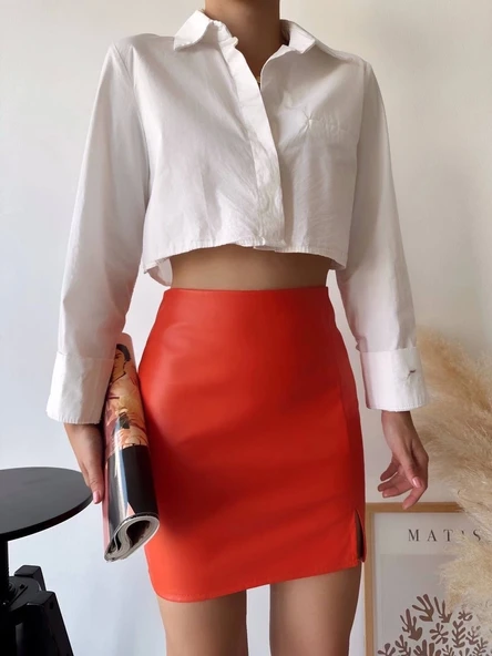 BİÇOMİ Tek yırtmaçlı arkadan fermuarlı deri etek turuncu s24475 - Resim 4