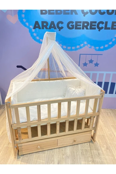 TURHAN BEBE Ahşap Anne Yanı Asansörlü Çekmeceli Sallanır Beşik Tam Set Uyku Seti - 2