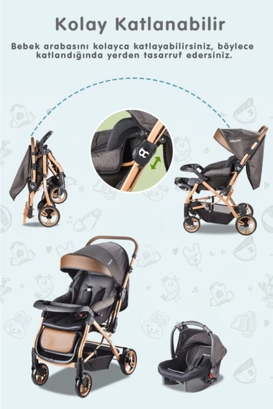 Baby Care Bc 65 Capron Çiftyönlü Bebek Arabası Gold Siyah Z - Resim 2