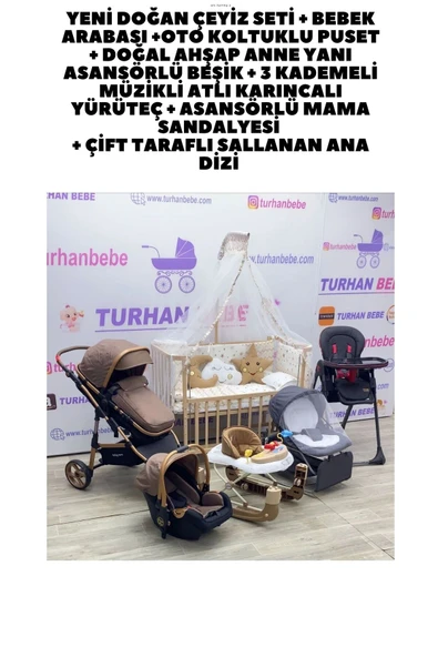 TURHAN BEBE Yeni Doğan Çeyiz Seti Bebek Arabası + Anne Yanı Beşik + Yürüteç +Mama Sandalyesi + ANA DİZİ - 3