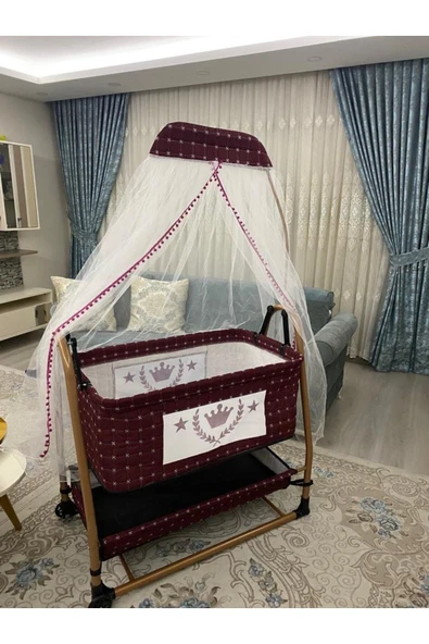 TURHAN BEBE Keten Kumaş Portatif Tekerlekli Anne Yanı Cibinlikli Hamak Sepet Beşik - 5