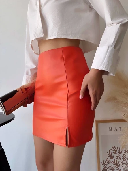 BİÇOMİ Tek yırtmaçlı arkadan fermuarlı deri etek turuncu s24475 - Resim 3