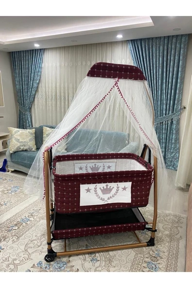 TURHAN BEBE Keten Kumaş Portatif Tekerlekli Anne Yanı Cibinlikli Hamak Sepet Beşik - 4