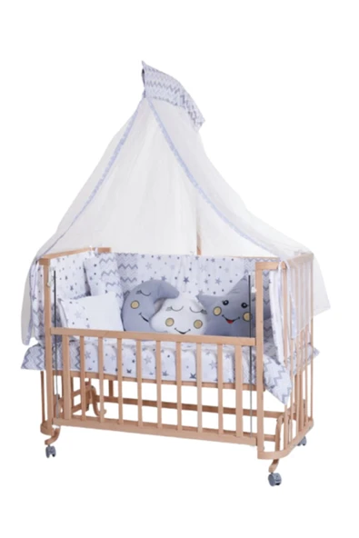 TURHAN BEBE Ahşap Beşik Anne Yanı Beşik Sallanır Beşik Organik 60x120 + Yıldız Uyku Seti + Yatak + Tekerlekli
