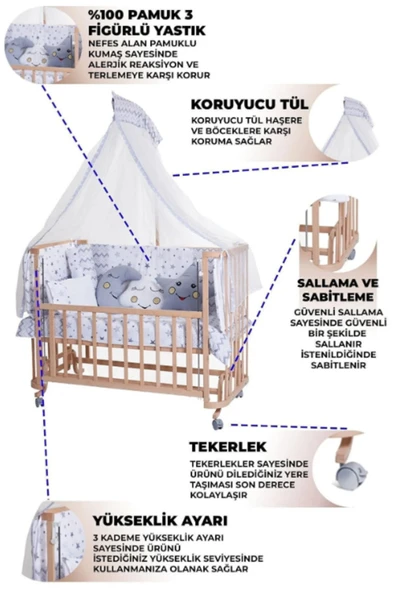 TURHAN BEBE Ahşap Beşik Anne Yanı Beşik Sallanır Beşik Organik 60x120 Yıldız Uyku Seti Yatak Tekerlekli - 2