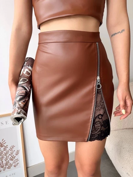 BİÇOMİ Dantelli fermuarlı deri etek kahve w24598 - Resim 3