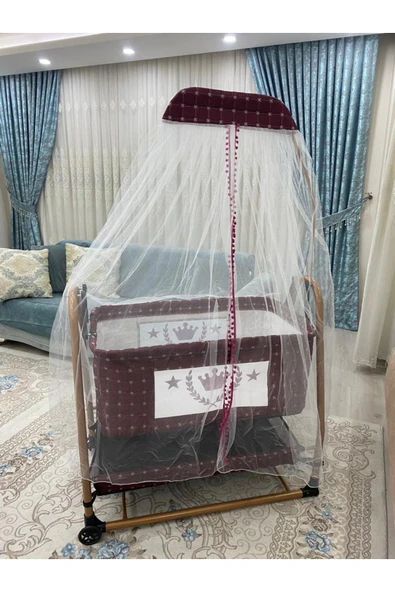 TURHAN BEBE Keten Kumaş Portatif Tekerlekli Anne Yanı Cibinlikli Hamak Sepet Beşik Yatak Hediye - 6