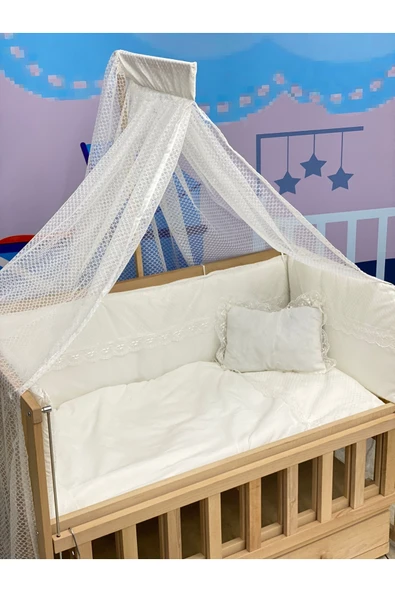 TURHAN BEBE Ahşap Anne Yanı Asansörlü Çekmeceli Sallanır Beşik Tam Set Uyku Seti - 4