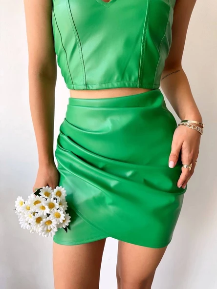BİÇOMİ Drapeli deri etek yeşil s24771 - Resim 2