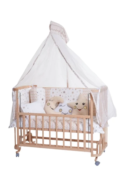 TURHAN BEBE Ahşap Beşik Anne Yanı Beşik Sallanır Beşik Organik 60x120 + Yıldız Uyku Seti + Yatak + Tekerlekli