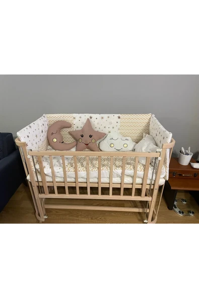 TURHAN BEBE Ahşap Beşik Anne Yanı Beşik Sallanır Beşik Organik 60x120 + Yıldız Uyku Seti + Yatak + Tekerlekli - 2