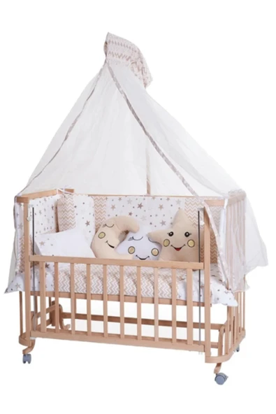 TURHAN BEBE Ahşap Beşik Anne Yanı Beşik Sallanır Beşik Organik 60x120 Yıldız Uyku Seti Yatak Tekerlekli