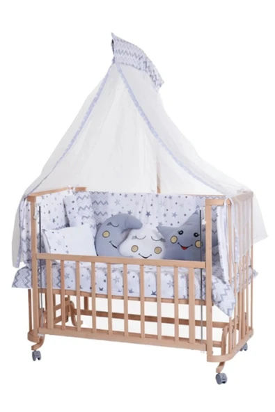 TURHAN BEBE Ahşap Beşik Anne Yanı Beşik Sallanır Beşik Organik 60x120 Yıldız Uyku Seti Yatak Tekerlekli