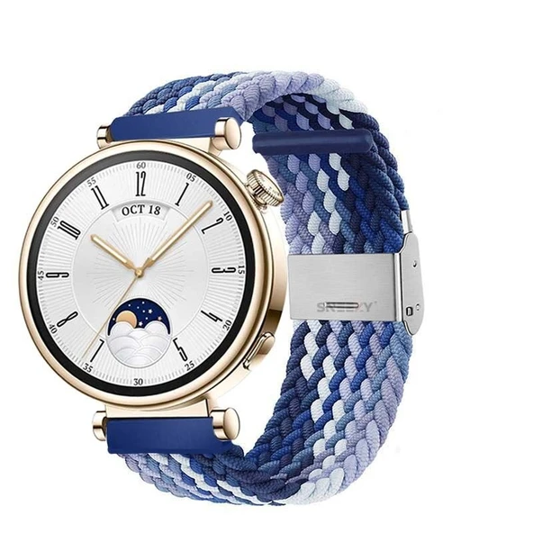 Sneezy Huawei Watch GT4 41mm İle Uyumlu 18mm Metal Klips Solo Fiberlink Örgü Kordon  Mavi Beyaz ürün görseli