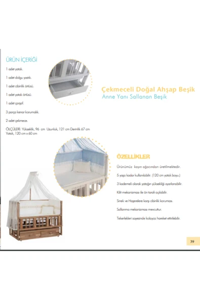 TURHAN BEBE 3 Kademe Anne Yanı Asansörlü Gri Beşik + Uyku Seti - 2