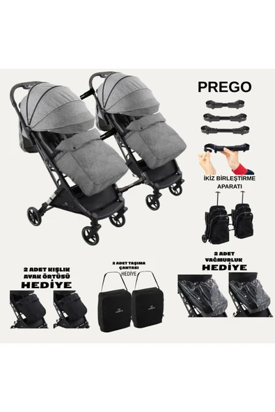 TURHAN BEBE Yan Yana Birleştirmeli Kabin Boy İkiz Bebek Arabası Ayak Örtüsü + Yağmurluk +Taşıma Çanatası Hediye