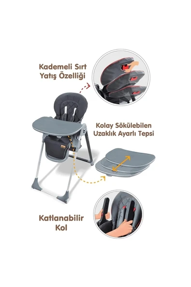 TURHAN BEBE Asansörlü Mama Sandalyesi Ekstra Mama Tablalı Tekerlekli Katlanır - 2