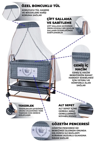 TURHAN BEBE Keten Kumaş Portatif Tekerlekli Anne Yanı Cibinlikli Hamak Beşik - 2