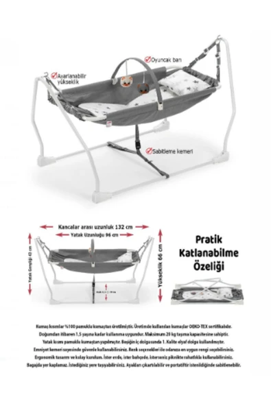 TURHAN BEBE Anne Yanı Katlanır Hamak Beşik + Minder Ve Yastık Hediye - Resim 4