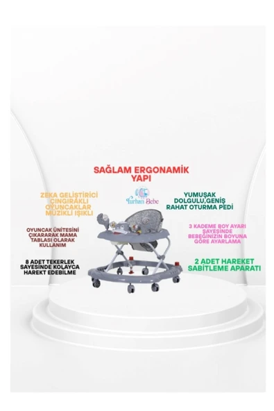 TURHAN BEBE 3 Kademe Müzikli Mama Tablalı Bebeğin İlgisini Çekecek Çıngıraklı Oyuncaklı Yürüteç Örümcek