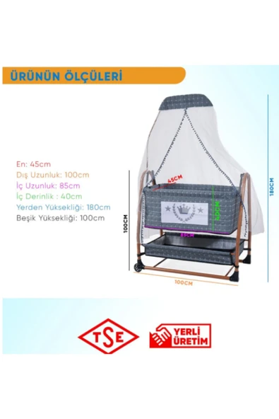 TURHAN BEBE Keten Kumaş Portatif Tekerlekli Anne Yanı Cibinlikli Hamak Beşik - 3