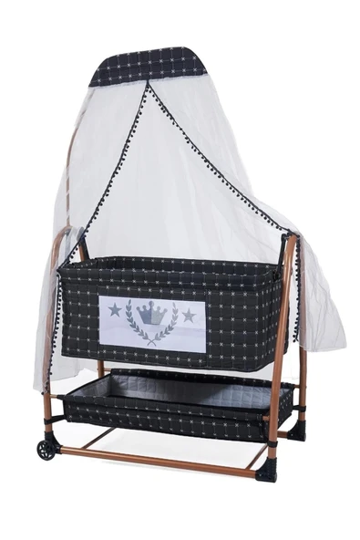 TURHAN BEBE Keten Kumaş Portatif Tekerlekli Anne Yanı Cibinlikli Hamak Beşik