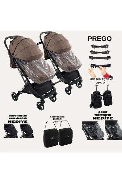 TURHAN BEBE Yan Yana Birleştirmeli Kabin Boy İkiz Bebek Arabası Ayak Örtüsü + Yağmurluk +Taşıma Çanatası Hediye - 1