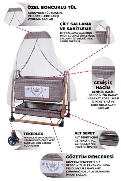 TURHAN BEBE Keten Kumaş Portatif Tekerlekli Anne Yanı Cibinlikli Hamak Beşik - 2