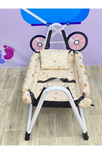 TURHAN BEBE Emniyet Kemerli Sabitlenir En Geniş Anne Yanı Hamak Beşik + Yastık Hediye - 1
