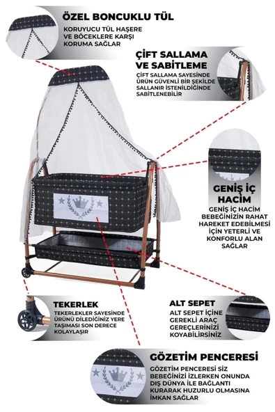 TURHAN BEBE Keten Kumaş Portatif Tekerlekli Anne Yanı Cibinlikli Hamak Beşik - 2