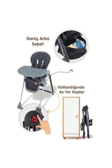 TURHAN BEBE Asansörlü Mama Sandalyesi Ekstra Mama Tablalı Tekerlekli Katlanır - 3