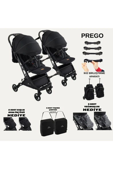 TURHAN BEBE Yan Yana Birleştirmeli Kabin Boy İkiz Bebek Arabası Ayak Örtüsü + Yağmurluk +Taşıma Çanatası Hediye - 3