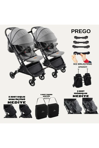TURHAN BEBE Yan Yana Birleştirmeli Kabin Boy İkiz Bebek Arabası Ayak Örtüsü + Yağmurluk +Taşıma Çanatası Hediye - 4