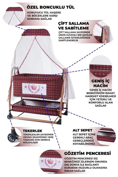 TURHAN BEBE Keten Kumaş Portatif Tekerlekli Anne Yanı Cibinlikli Hamak Beşik - 2