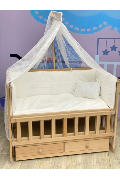 TURHAN BEBE Doğal Ahşap Anne Yanı Asansörlü Çekmeceli Beşik Tam Set Uyku Seti - 2