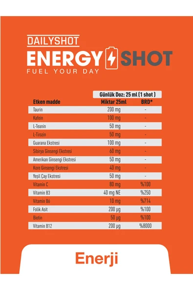 HANGOVERSHOT Energyshot Anında Enerji Desteği, 3 Ginseng Comlex, Guarana, Energy Shot 7'li - 7