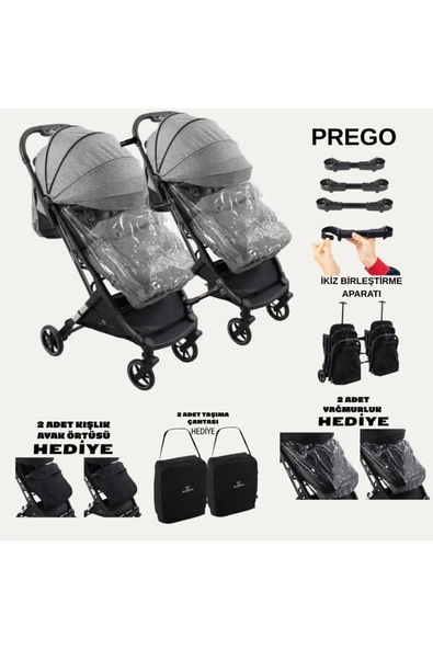 TURHAN BEBE Yan Yana Birleştirmeli Kabin Boy İkiz Bebek Arabası Ayak Örtüsü + Yağmurluk +Taşıma Çanatası Hediye - 5