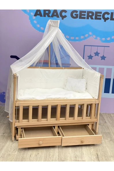 TURHAN BEBE Doğal Ahşap Anne Yanı Asansörlü Çekmeceli Beşik Tam Set Uyku Seti - 3