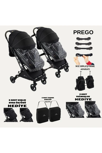 TURHAN BEBE Yan Yana Birleştirmeli Kabin Boy İkiz Bebek Arabası Ayak Örtüsü + Yağmurluk +Taşıma Çanatası Hediye - 2