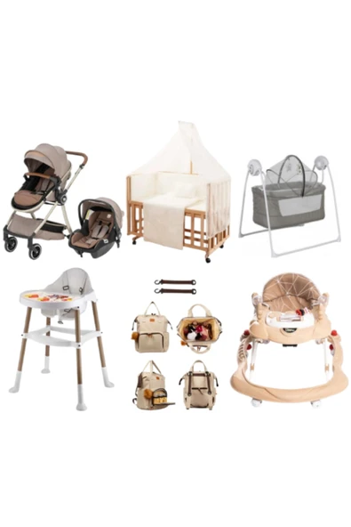 TURHAN BEBE Ahşap Anne Yanı Beşik + Bebek Arabası + Puset + Otomatik Beşik + Yürüteç + Mama Sandalyesi + Çanta - 2