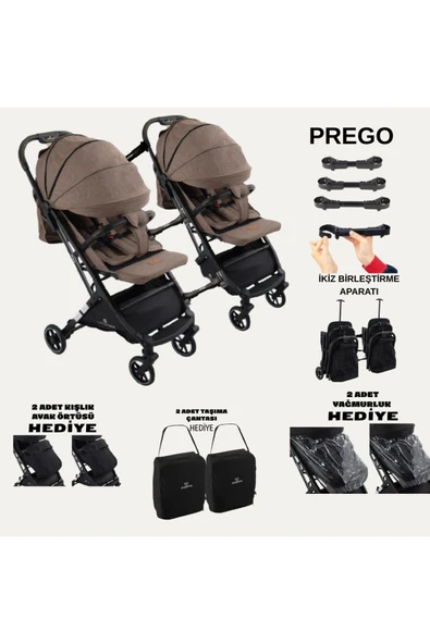 TURHAN BEBE Yan Yana Birleştirmeli Kabin Boy İkiz Bebek Arabası Ayak Örtüsü + Yağmurluk +Taşıma Çanatası Hediye - 2