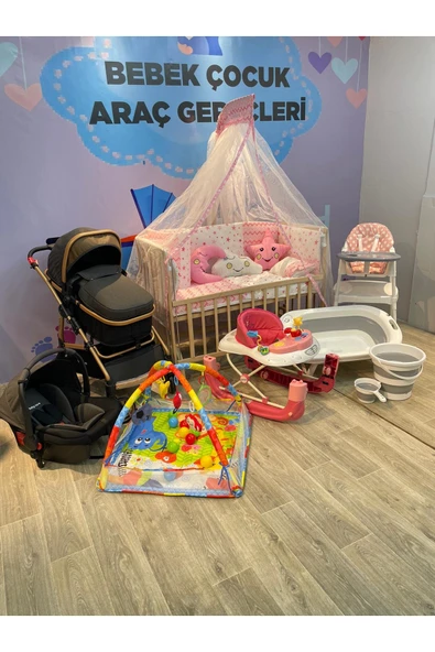 TURHAN BEBE Lüx Yeni Doğan Çeyiz Seti Bebek Araba + Beşik + Yürüteç + Mama Sandalye + Banyo Seti + Oyun Halısı