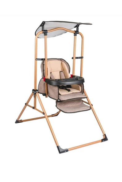 TURHAN BEBE Tam Yatarlı Tenteli Mama Tablalı Keten Kumaş Ev Tipi Gold Salıncaklı & Mama Sandalyesi