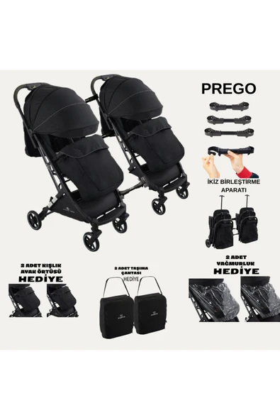TURHAN BEBE Yan Yana Birleştirmeli Kabin Boy İkiz Bebek Arabası Ayak Örtüsü + Yağmurluk +Taşıma Çanatası Hediye - 1