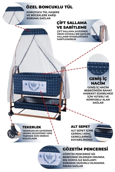 TURHAN BEBE Keten Kumaş Portatif Tekerlekli Anne Yanı Cibinlikli Hamak Beşik - 2