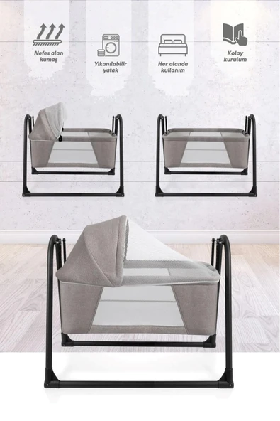 TURHAN BEBE Fileli Silinebilir Portatif Sallanır Anne Yanı Beşik Sepet Beşik Hamak Beşik - 2