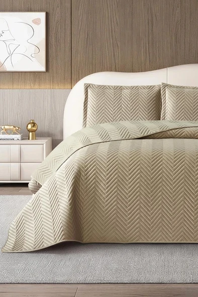 Malta Çift Kişilik Lüks Kadife 240x260 cm Yatak Örtüsü Bej ürün görseli