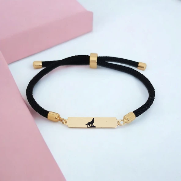 Sembole Özel Siyah Örgü İpli 14 Ayar Altın Plakalı Dikdörtgen Motifli Hediye Bileklik-317 - Resim 2